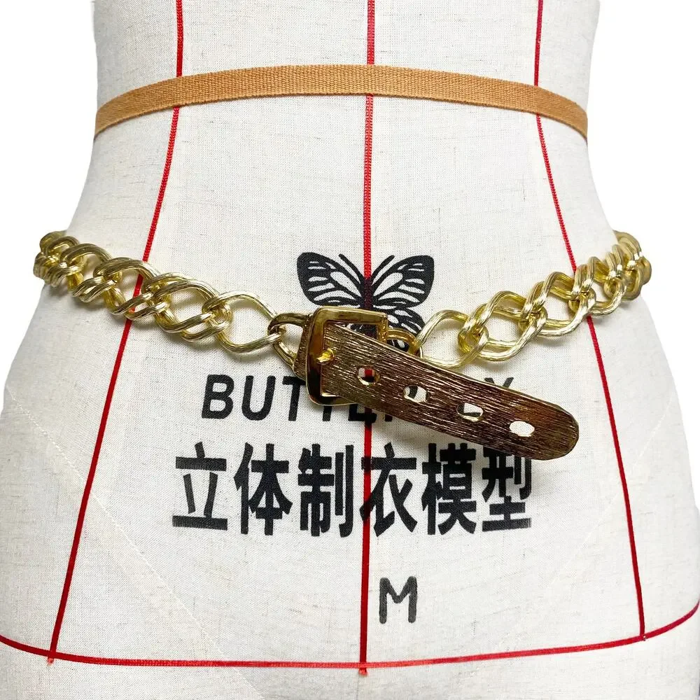Vintage Womens Gold Tone Chain Detail Buckle Belt 90s Y2K